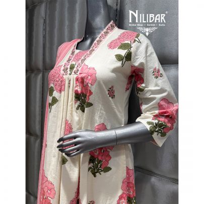 Cream Cotton Printed Kurti Set