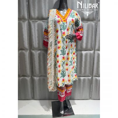 White Cotton Printed Kurti Set
