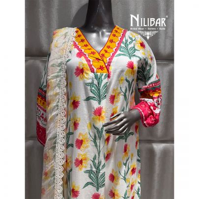 White Cotton Printed Kurti Set