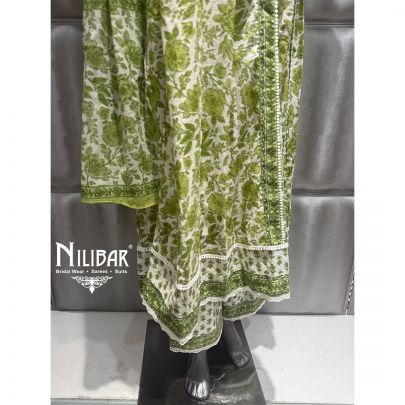 White Green Cotton Printed Kurti Set