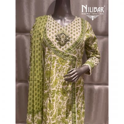 White Green Cotton Printed Kurti Set