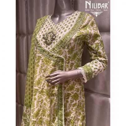 White Green Cotton Printed Kurti Set