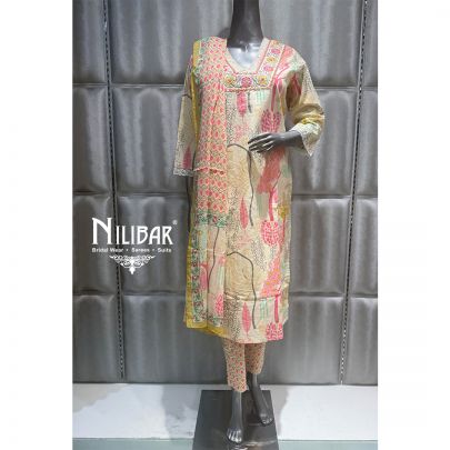 Cream Cotton Printed Kurti Set