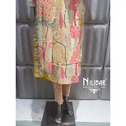 Cream Cotton Printed Kurti Set