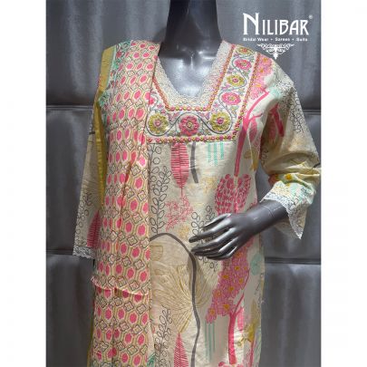 Cream Cotton Printed Kurti Set