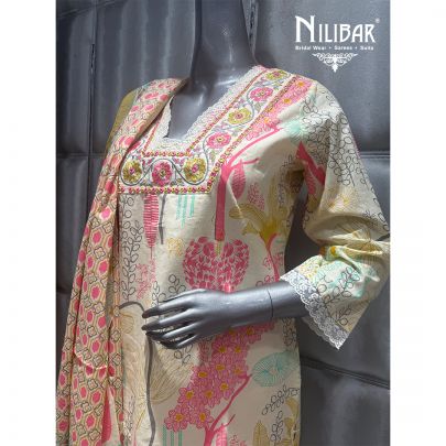 Cream Cotton Printed Kurti Set