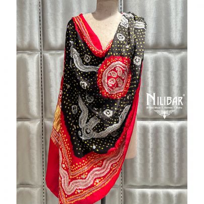 Red & Black Gaji Silk Bandhani Dupatta