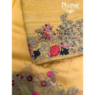 Yellow Tussar Silk Shirt & Dupatta Paired With Plain Bottom
