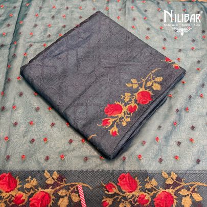 Charcoal Grey Tussar Silk Shirt & Dupatta Paired With Crepe Plain Bottom