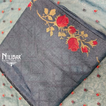 Charcoal Grey Tussar Silk Shirt & Dupatta Paired With Crepe Plain Bottom