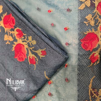 Charcoal Grey Tussar Silk Shirt & Dupatta Paired With Crepe Plain Bottom