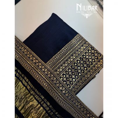 Moon Blue & Gold Silk & Bandhani Unstitched Suit