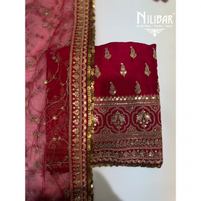 Hot Pink Silk Soft Net Unstitched Suit