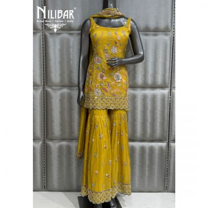 Yellow Lame Silk Short Shirt Paired With Garara & Dupatta