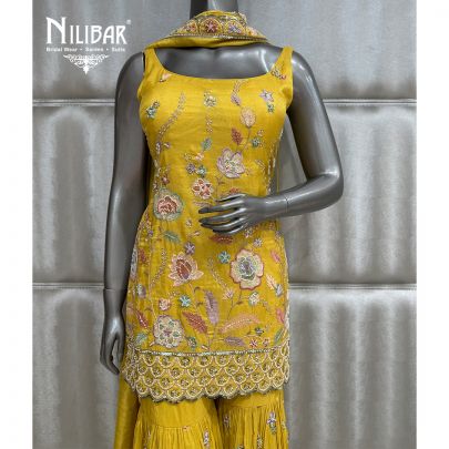 Yellow Lame Silk Short Shirt Paired With Garara & Dupatta