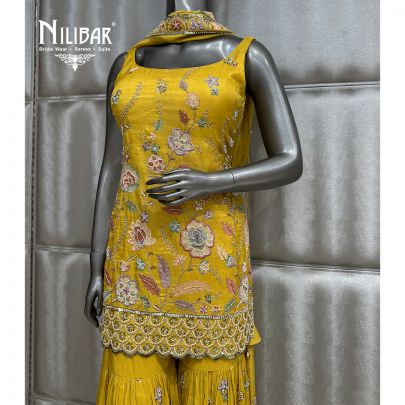 Yellow Lame Silk Short Shirt Paired With Garara & Dupatta