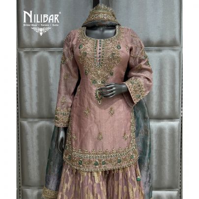 Lavender Crush Tissue & Organza Short Shirt Paired With Garara & Dupatta