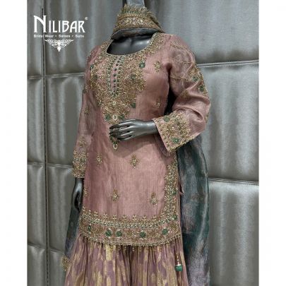 Lavender Crush Tissue & Organza Short Shirt Paired With Garara & Dupatta