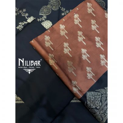Black & Peach Banarasi Silk Shirt & Dupatta Paired With Silk Bottom