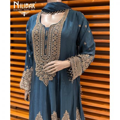 Peacock Chinnon A Line Anarkali Paired With Pants & Dupatta