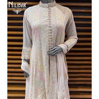 Ivory Georgette Chikankari Anarkali Paired With Pants & Shiffon Dupatta