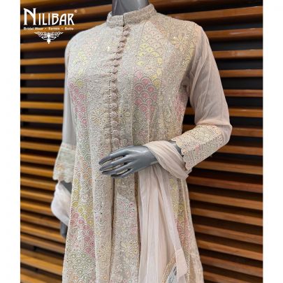 Ivory Georgette Chikankari Anarkali Paired With Pants & Shiffon Dupatta