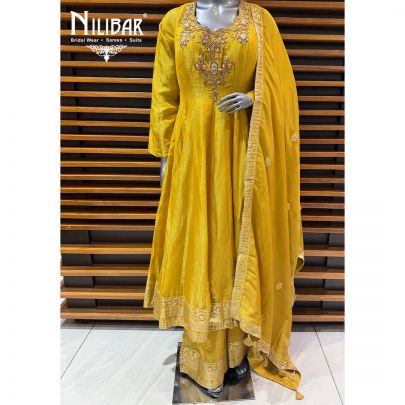Yellow Lame Silk Anarkali Paired With Palazzo & Silk Dupatta