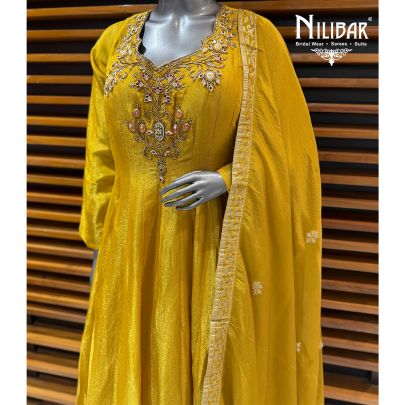 Yellow Lame Silk Anarkali Paired With Palazzo & Silk Dupatta