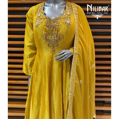 Yellow Lame Silk Anarkali Paired With Palazzo & Silk Dupatta