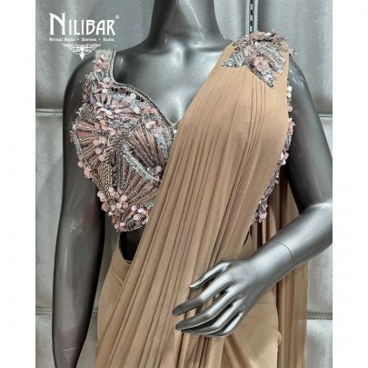 Beige Lycra Embroidered Drape Saree