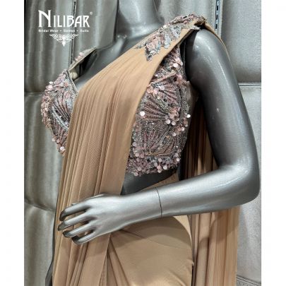Beige Lycra Embroidered Drape Saree
