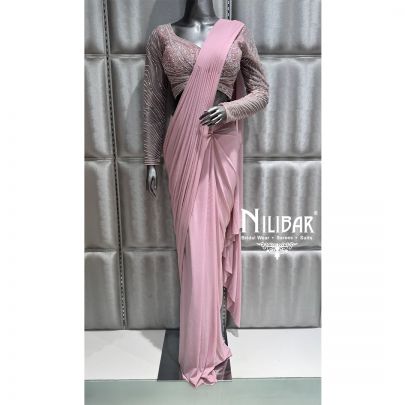 Pink Lycra Embroidered Drape Saree
