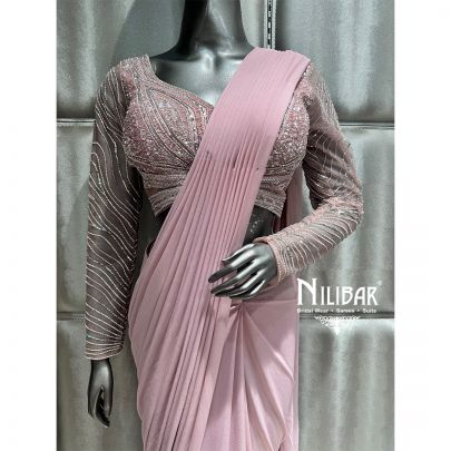 Pink Lycra Embroidered Drape Saree