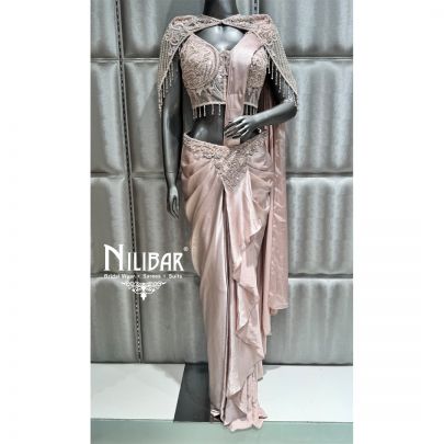 Light Pink Lycra Embroidered Drape Saree