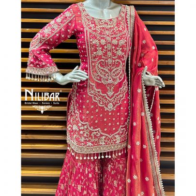 Dark Rose Pink Lamé Silk Garara Set