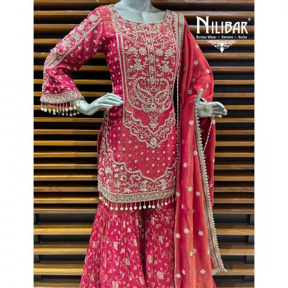 Dark Rose Pink Lamé Silk Garara Set
