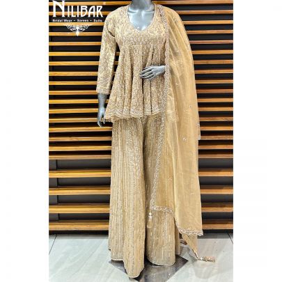Beige Tissue Peplum Suit Paired With Palazzo