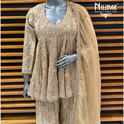 Beige Tissue Peplum Suit Paired With Palazzo