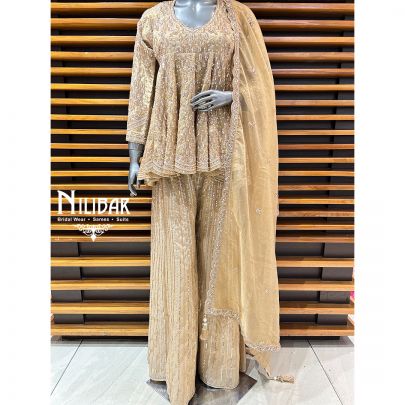 Beige Tissue Peplum Suit Paired With Palazzo