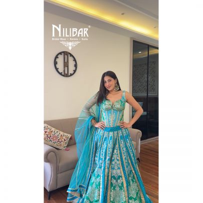 Mitali Makkar Peacock Teal Banarasi Silk Lehenga