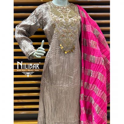 Rose Gold & Magenta Crush Tissue Top Paired With Silk Pant Suit