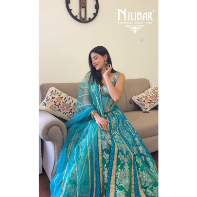 Mitali Makkar Peacock Teal Banarasi Silk Lehenga