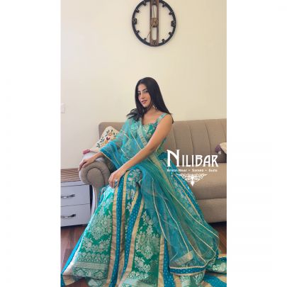 Mitali Makkar Peacock Teal Banarasi Silk Lehenga