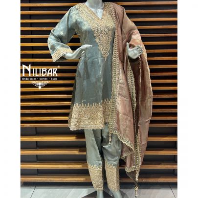 Gray Tissue Organza Short Anarkali With Salwar Suit