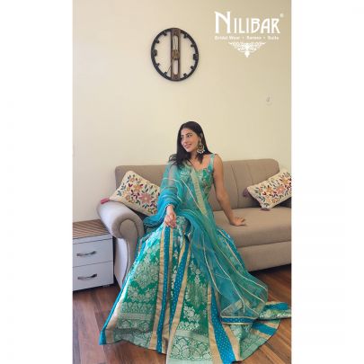 Mitali Makkar Peacock Teal Banarasi Silk Lehenga