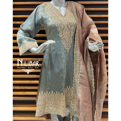 Gray Tissue Organza Short Anarkali With Salwar Suit