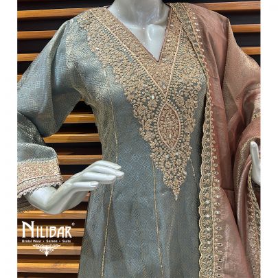 Gray Tissue Organza Short Anarkali With Salwar Suit