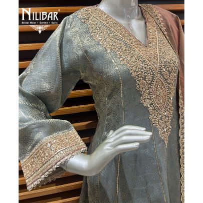 Gray Tissue Organza Short Anarkali With Salwar Suit