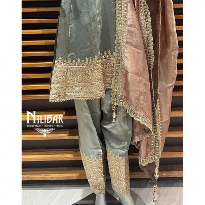 Gray Tissue Organza Short Anarkali With Salwar Suit