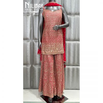 Red Georgette Flared Palazzo Suit
